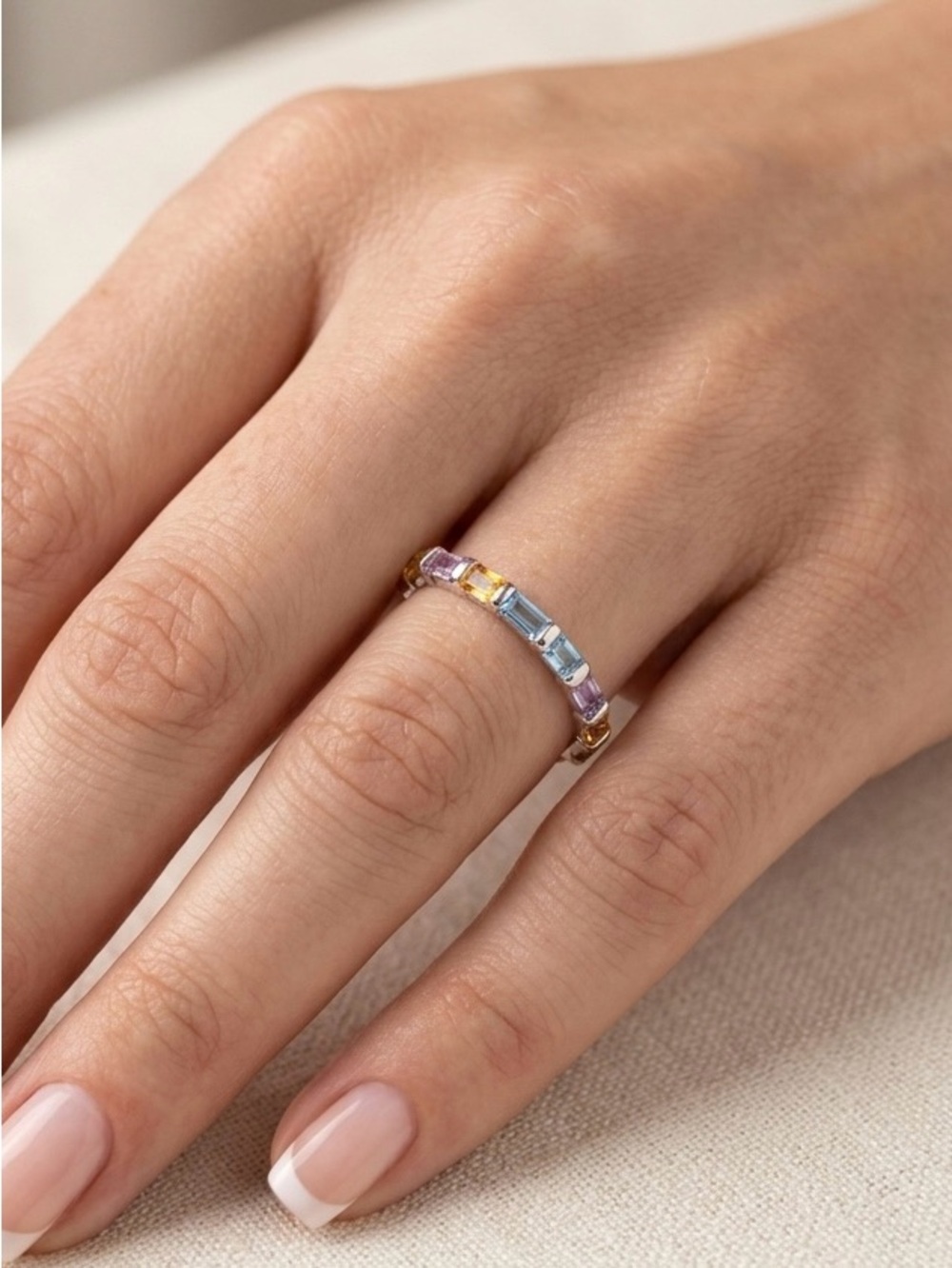 Platinum Plated Multicolor Baguette Crystal Ring | Silver Stackable Band Ring - Picture 6 of 7